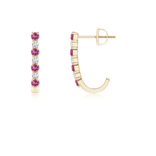 2mm AAAA Pink Tourmaline and Diamond J-Hoop Earrings in Yellow Gold