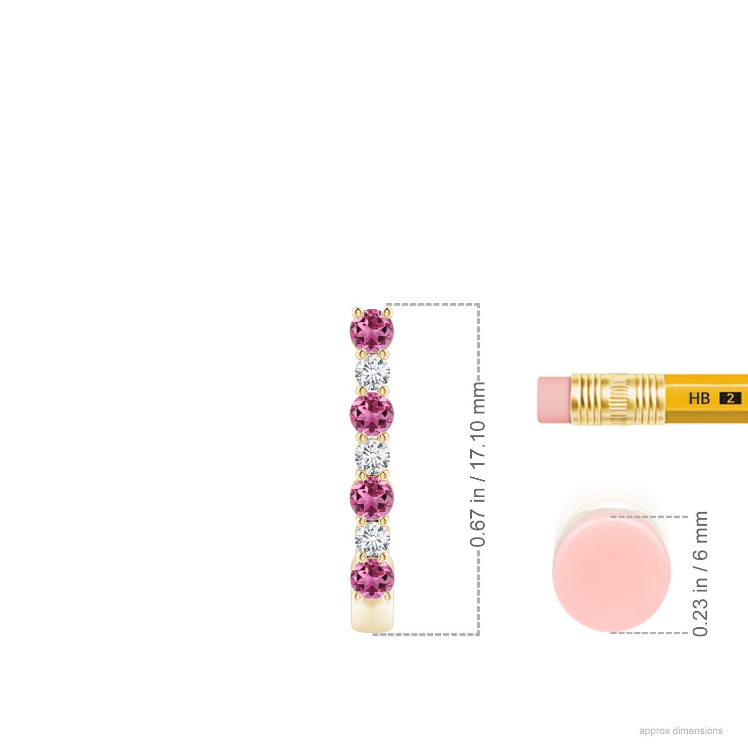 2mm AAAA Pink Tourmaline and Diamond J-Hoop Earrings in Yellow Gold - ruler