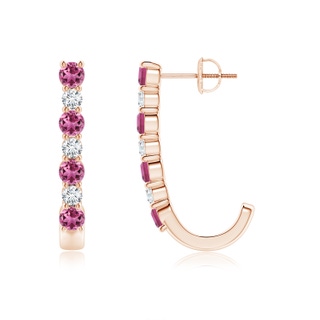 3mm AAAA Pink Tourmaline and Diamond J-Hoop Earrings in Rose Gold