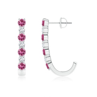 3mm AAAA Pink Tourmaline and Diamond J-Hoop Earrings in White Gold