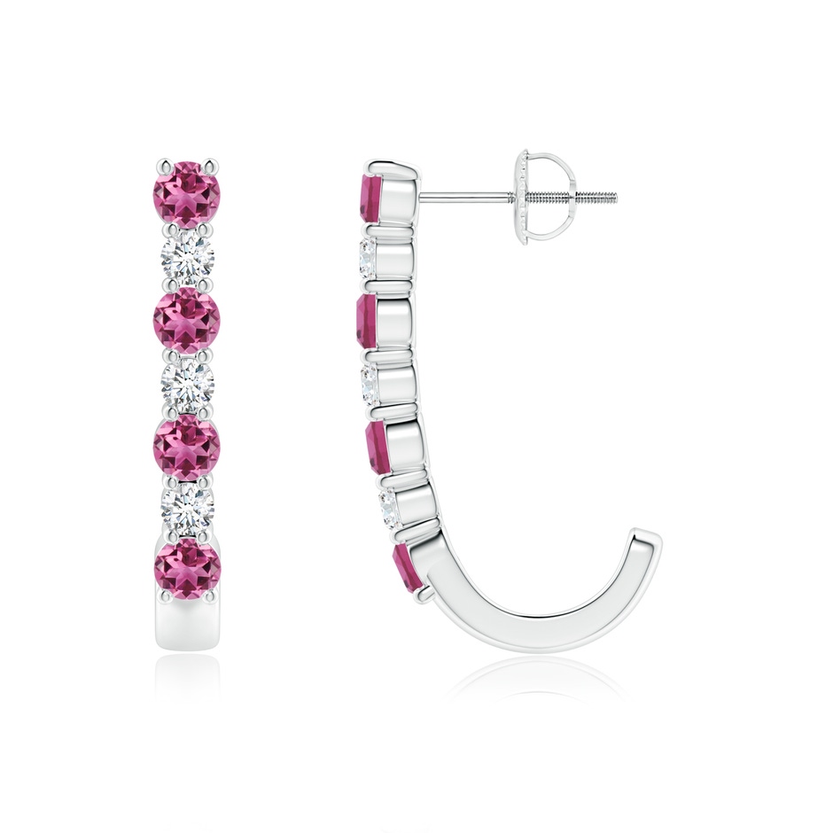 3mm AAAA Pink Tourmaline and Diamond J-Hoop Earrings in White Gold 