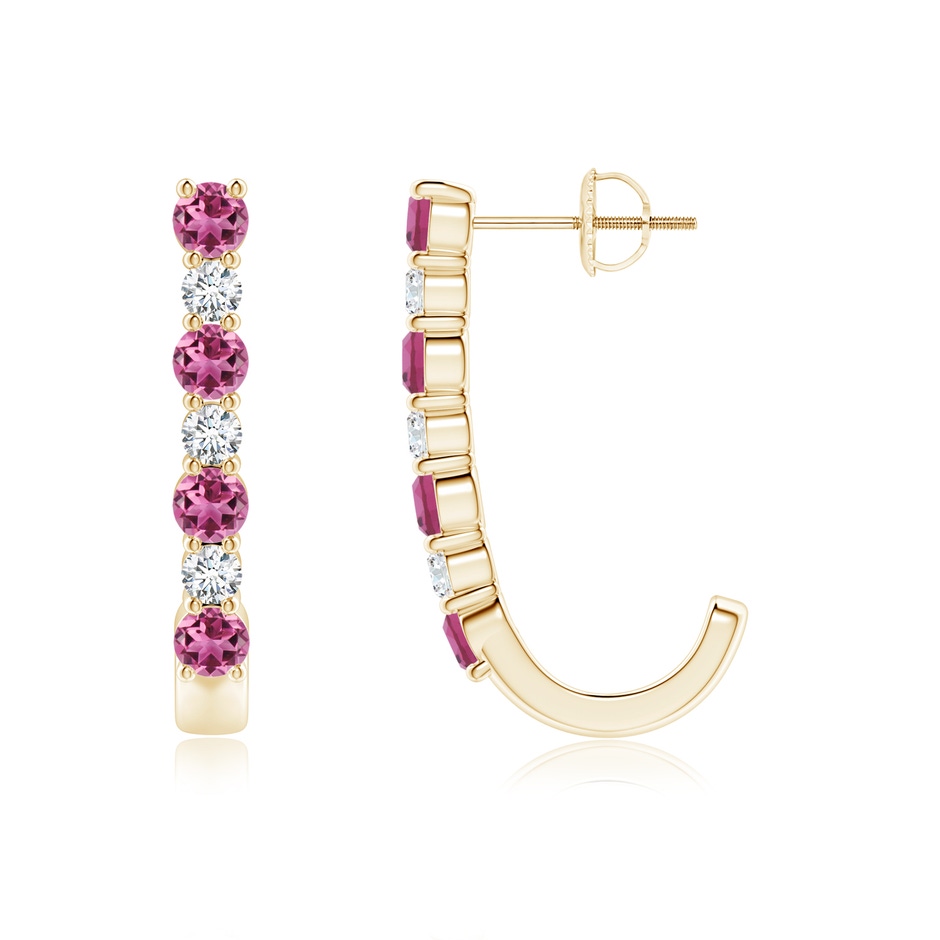 3mm AAAA Pink Tourmaline and Diamond J-Hoop Earrings in Yellow Gold 