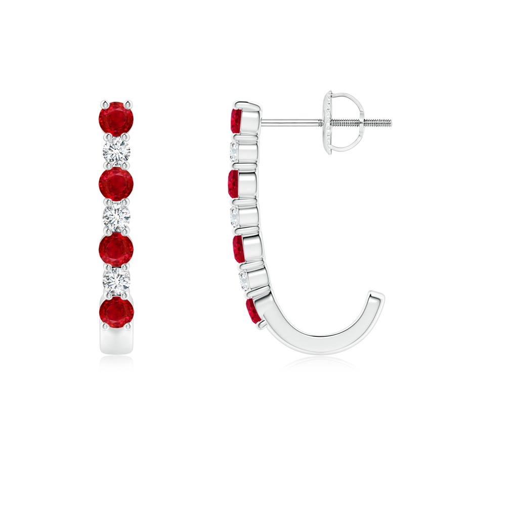 2.5mm AAA Ruby and Diamond J-Hoop Earrings in 18K White Gold