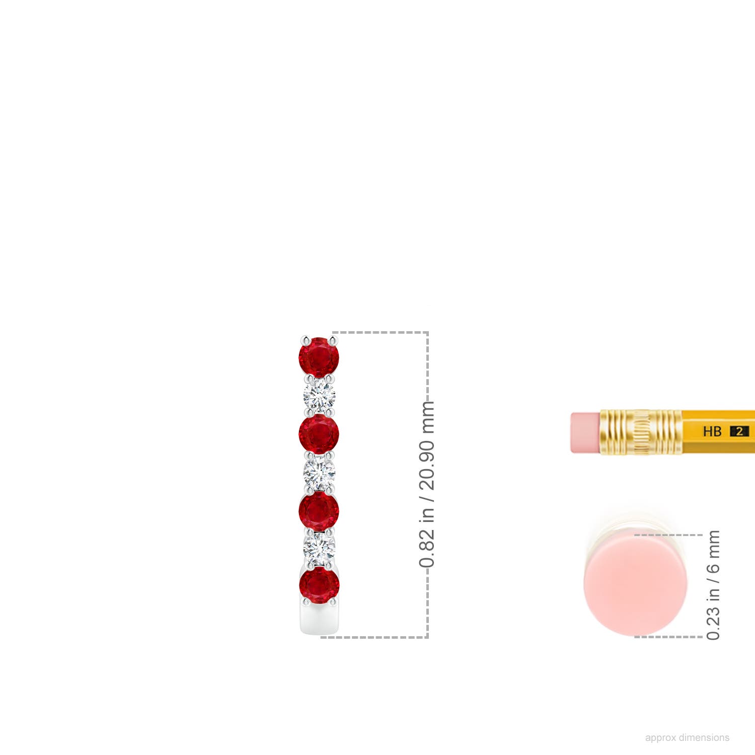 2.5mm AAA Ruby and Diamond J-Hoop Earrings in 18K White Gold - ruler
