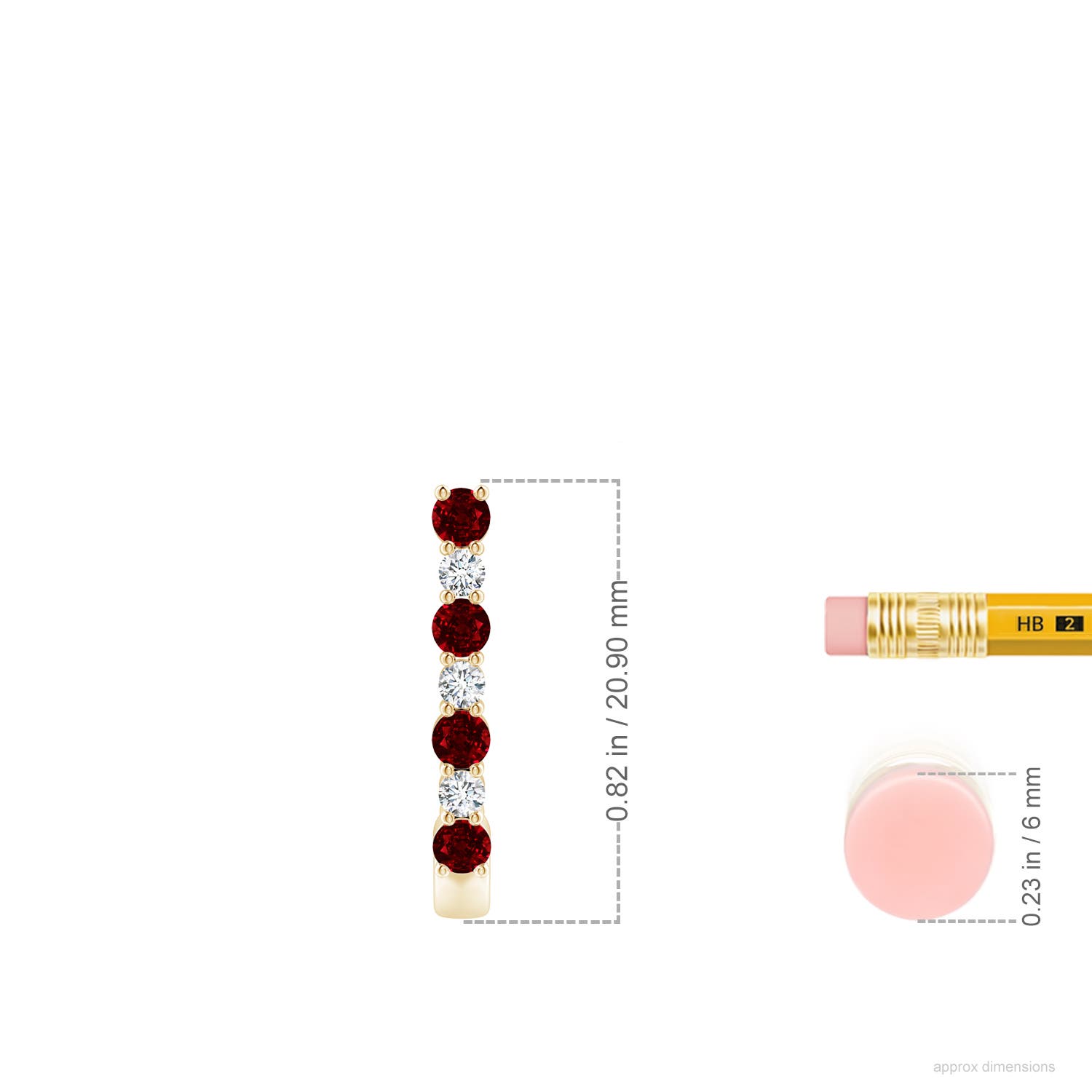 2.5mm AAAA Ruby and Diamond J-Hoop Earrings in Yellow Gold - ruler