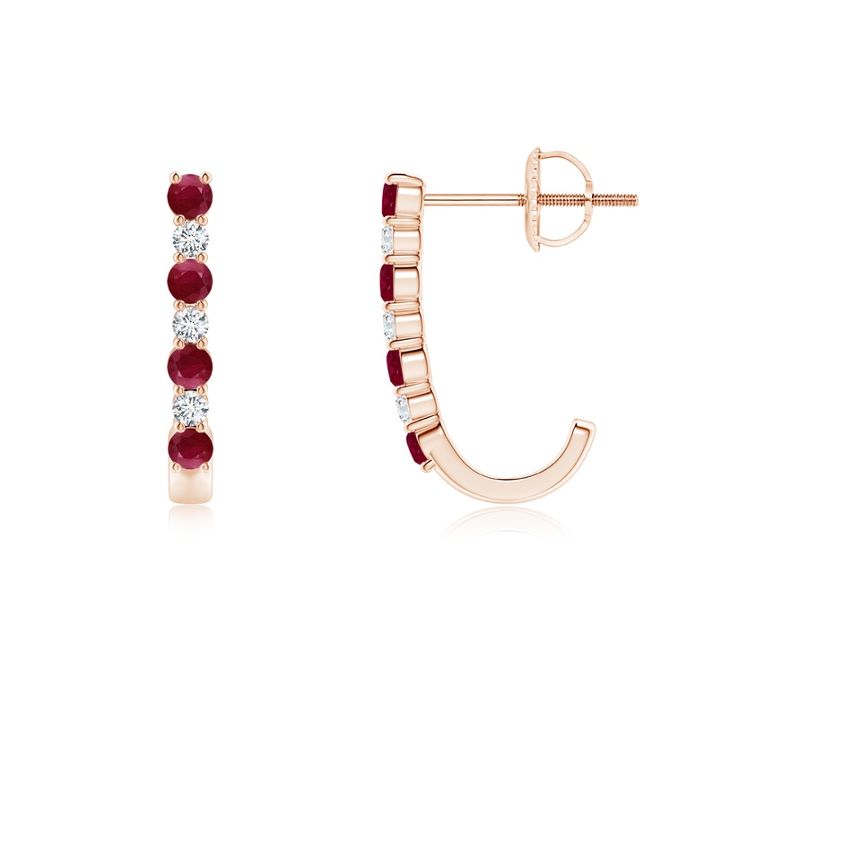 2mm A Ruby and Diamond J-Hoop Earrings in 9K Rose Gold 