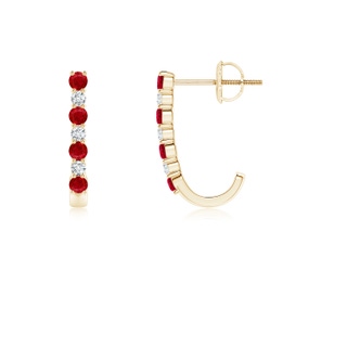 2mm AAA Ruby and Diamond J-Hoop Earrings in 9K Yellow Gold