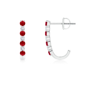 2mm AAA Ruby and Diamond J-Hoop Earrings in White Gold