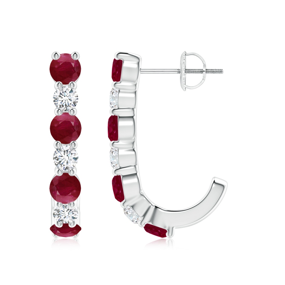 3.5mm A Ruby and Diamond J-Hoop Earrings in White Gold 