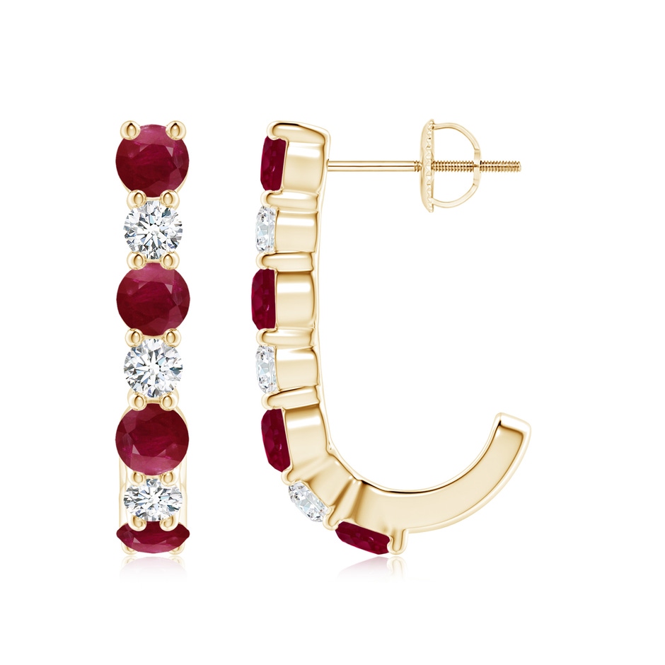 3.5mm A Ruby and Diamond J-Hoop Earrings in Yellow Gold 