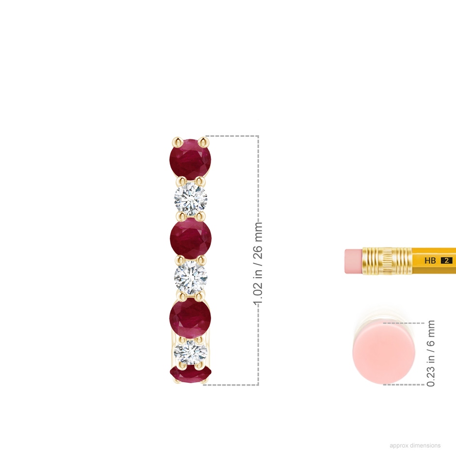 3.5mm A Ruby and Diamond J-Hoop Earrings in Yellow Gold ruler