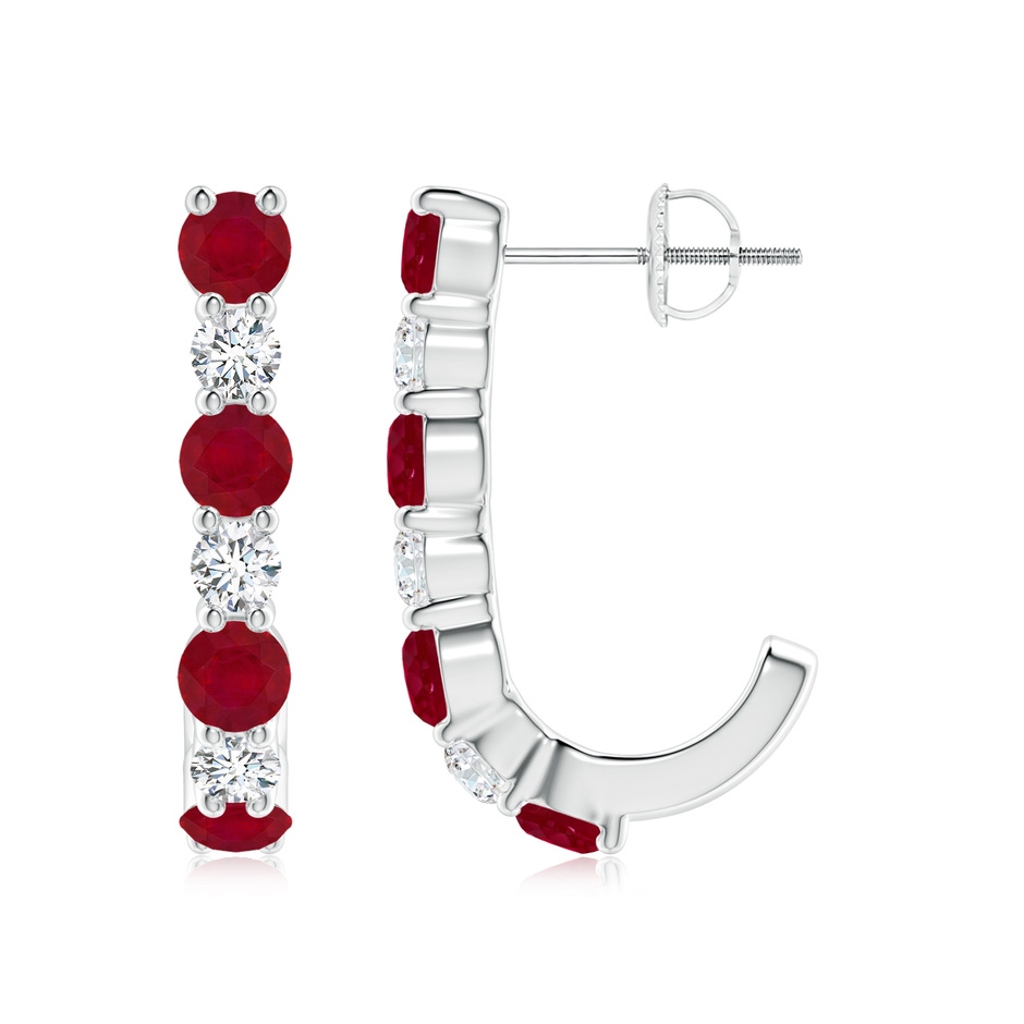 3.5mm AA Ruby and Diamond J-Hoop Earrings in White Gold 