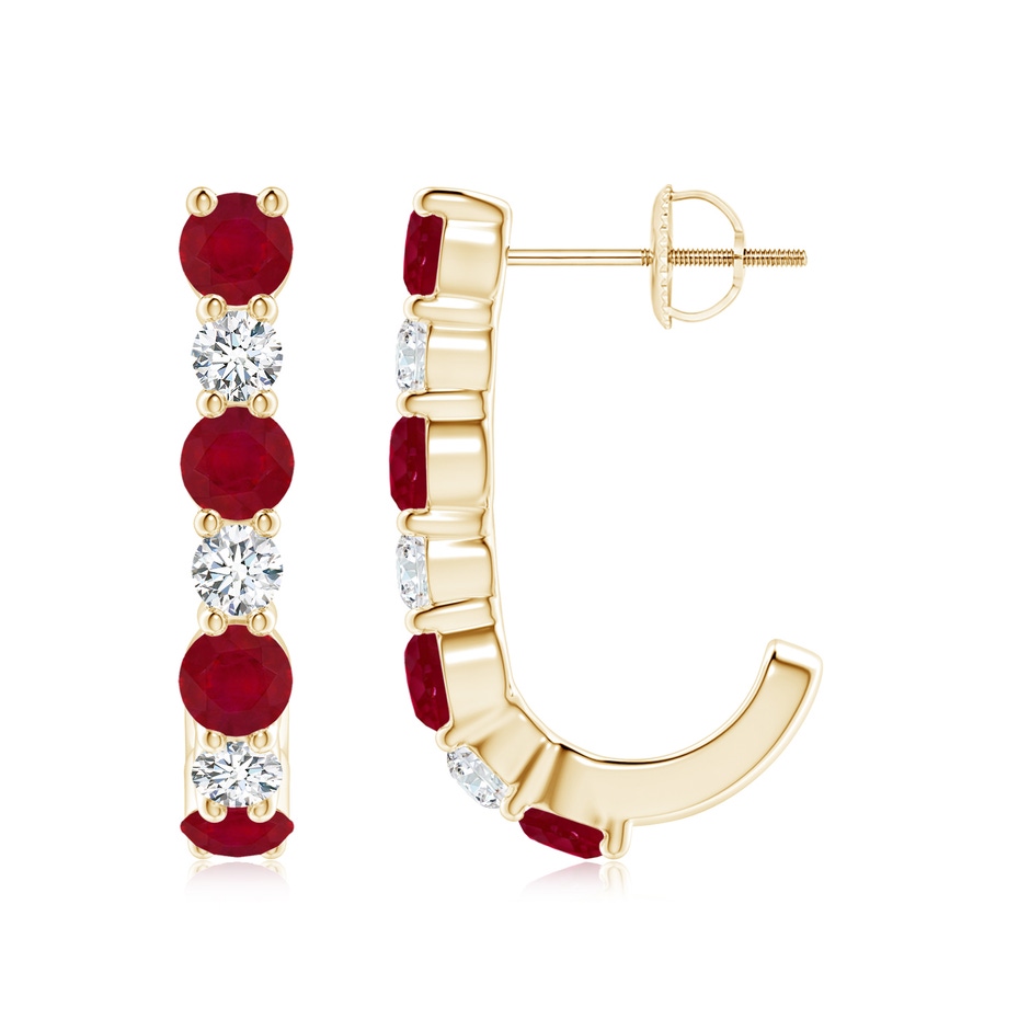 3.5mm AA Ruby and Diamond J-Hoop Earrings in Yellow Gold 