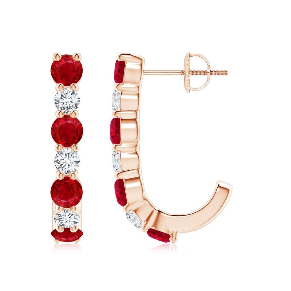 3.5mm AAA Ruby and Diamond J-Hoop Earrings in Rose Gold 