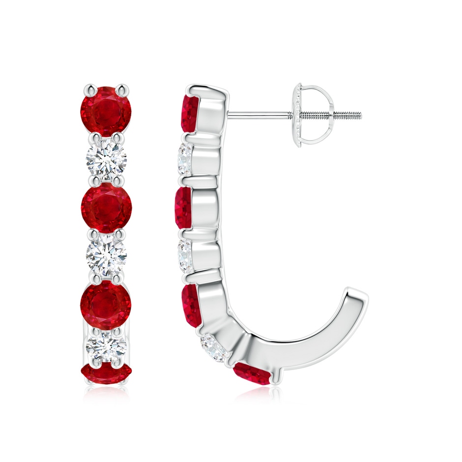 3.5mm AAA Ruby and Diamond J-Hoop Earrings in White Gold 