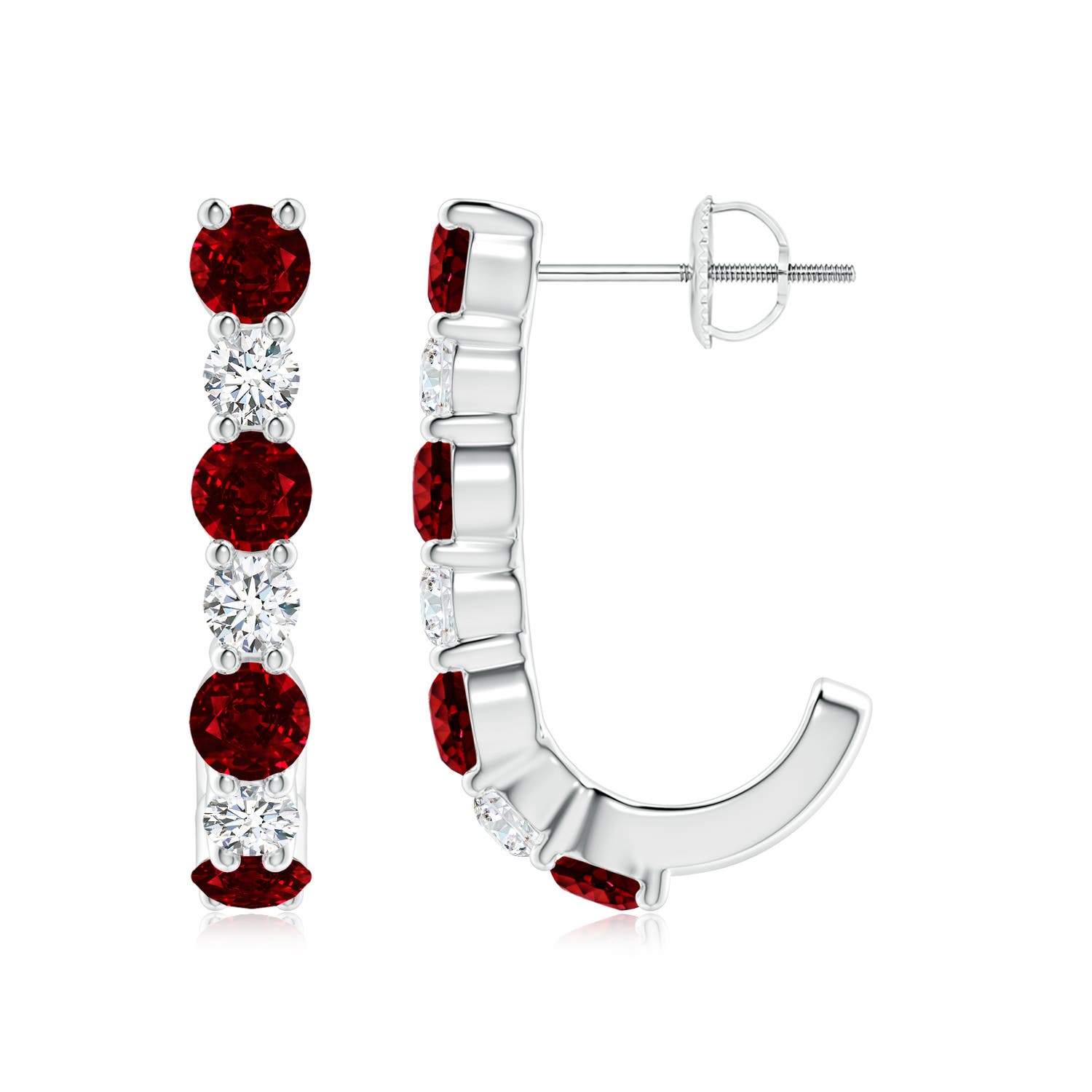 3.5mm AAAA Ruby and Diamond J-Hoop Earrings in White Gold