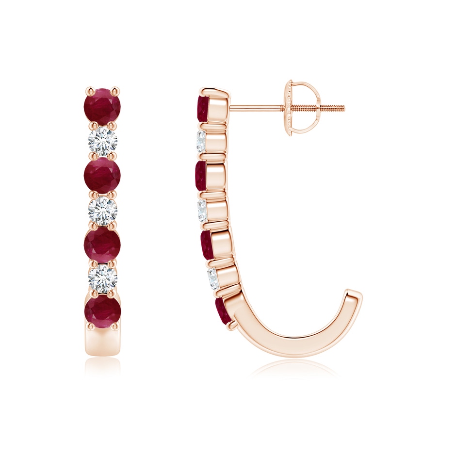 3mm A Ruby and Diamond J-Hoop Earrings in Rose Gold 