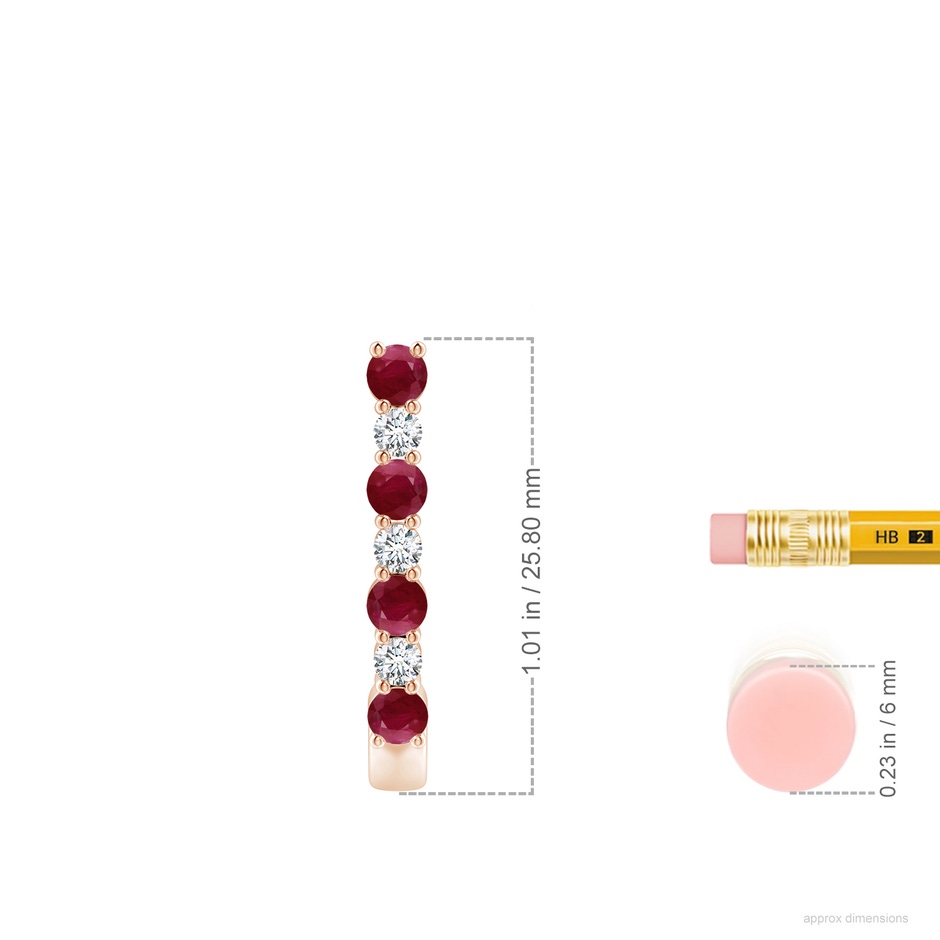 3mm A Ruby and Diamond J-Hoop Earrings in Rose Gold ruler