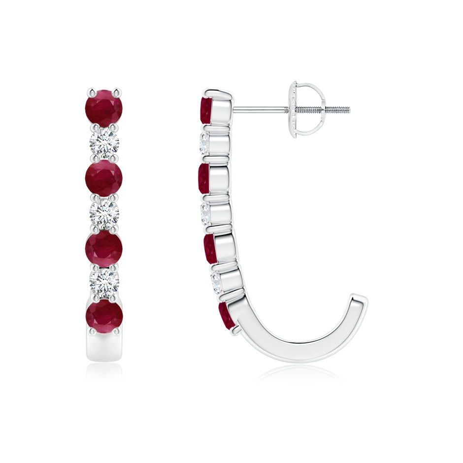 3mm A Ruby and Diamond J-Hoop Earrings in White Gold 