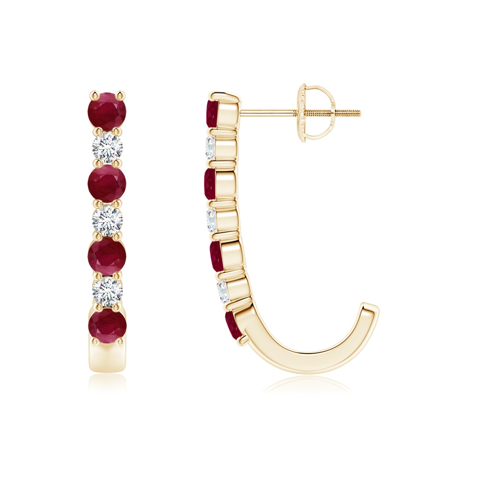 3mm A Ruby and Diamond J-Hoop Earrings in Yellow Gold 
