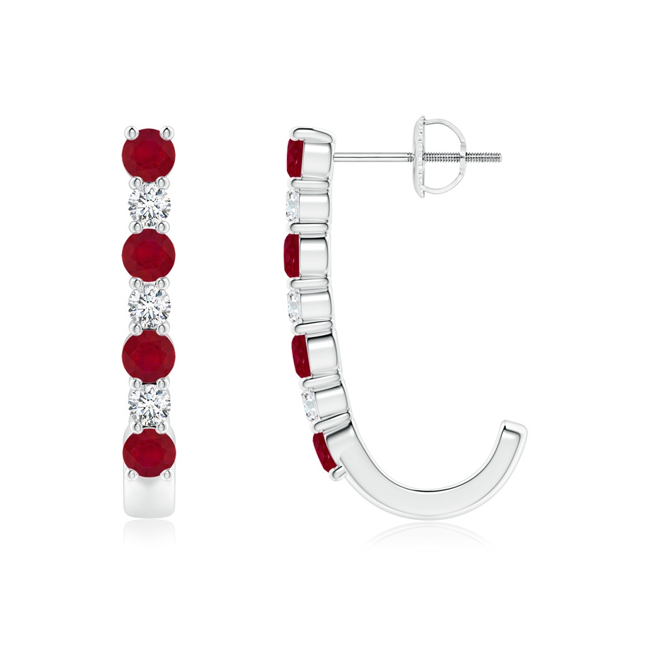 3mm AA Ruby and Diamond J-Hoop Earrings in White Gold 