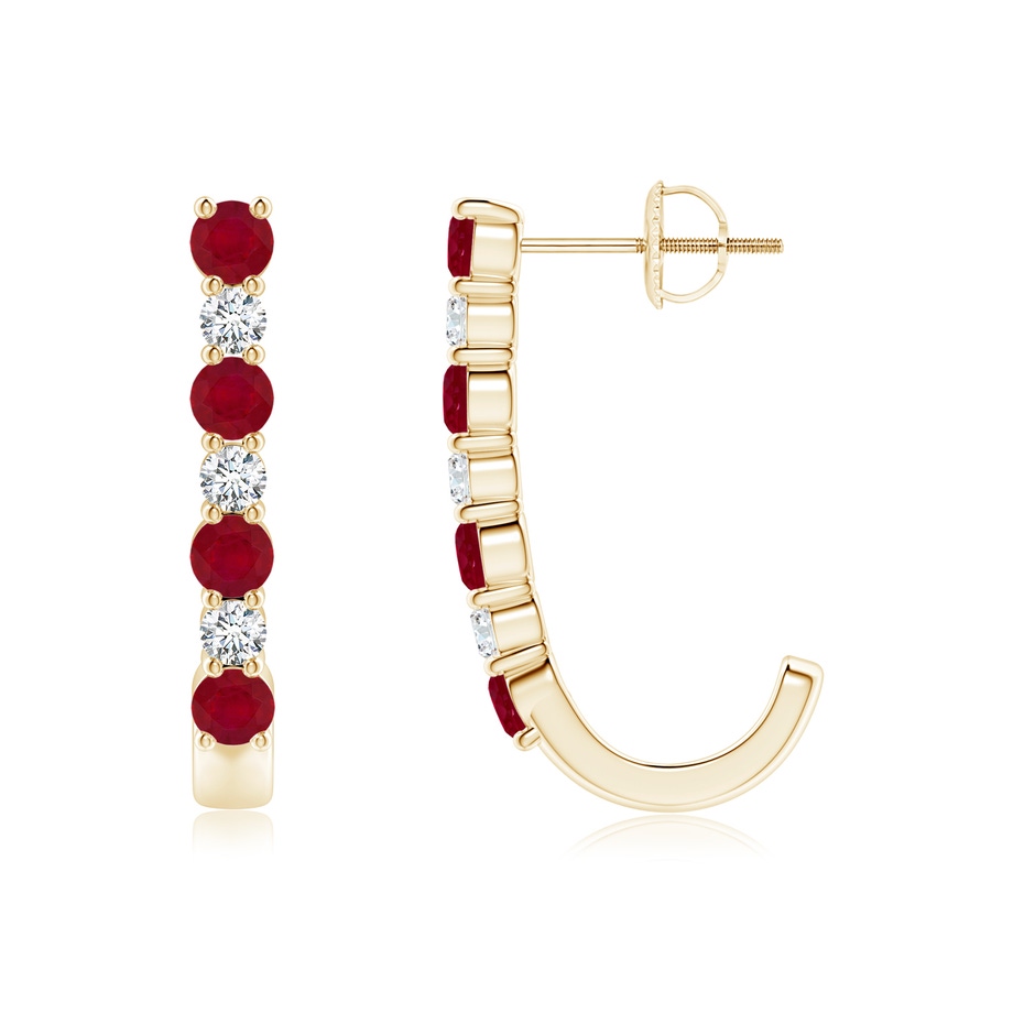 3mm AA Ruby and Diamond J-Hoop Earrings in Yellow Gold 