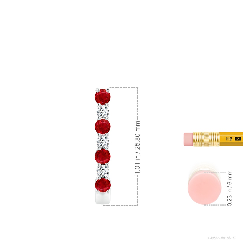 3mm AAA Ruby and Diamond J-Hoop Earrings in P950 Platinum ruler