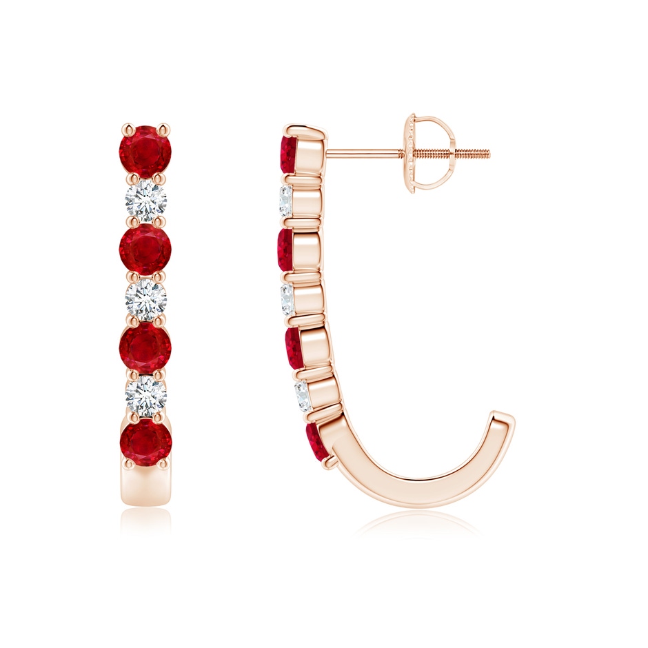 3mm AAA Ruby and Diamond J-Hoop Earrings in Rose Gold 