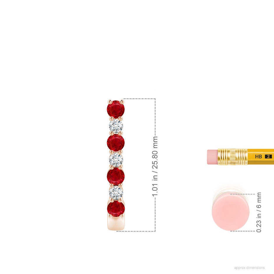 3mm AAA Ruby and Diamond J-Hoop Earrings in Rose Gold ruler