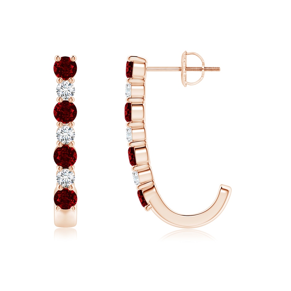 3mm AAAA Ruby and Diamond J-Hoop Earrings in Rose Gold 