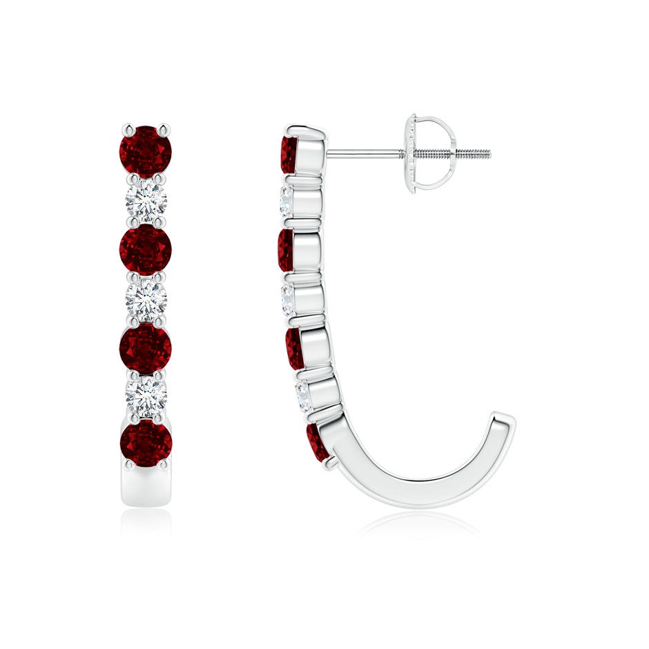 3mm AAAA Ruby and Diamond J-Hoop Earrings in White Gold 