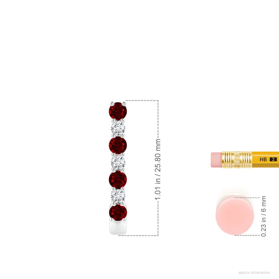 3mm AAAA Ruby and Diamond J-Hoop Earrings in White Gold ruler