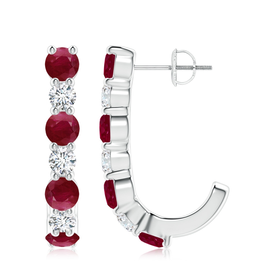 4mm A Ruby and Diamond J-Hoop Earrings in White Gold 