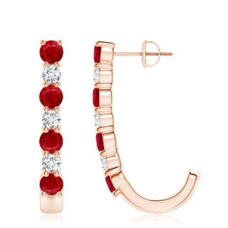 4mm AAA Ruby and Diamond J-Hoop Earrings in Rose Gold