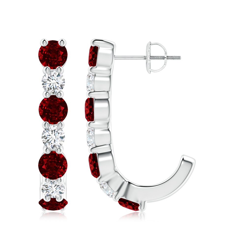 4mm AAAA Ruby and Diamond J-Hoop Earrings in P950 Platinum 