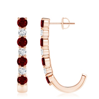 4mm AAAA Ruby and Diamond J-Hoop Earrings in Rose Gold