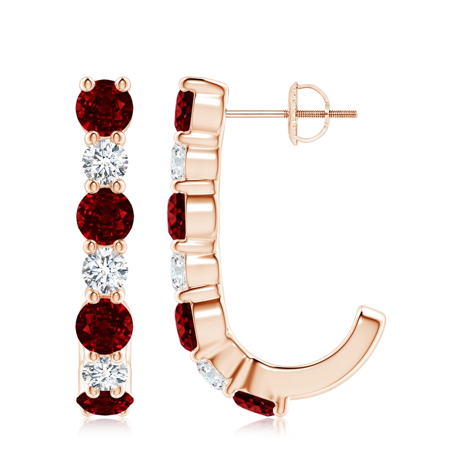 4mm AAAA Ruby and Diamond J-Hoop Earrings in Rose Gold 