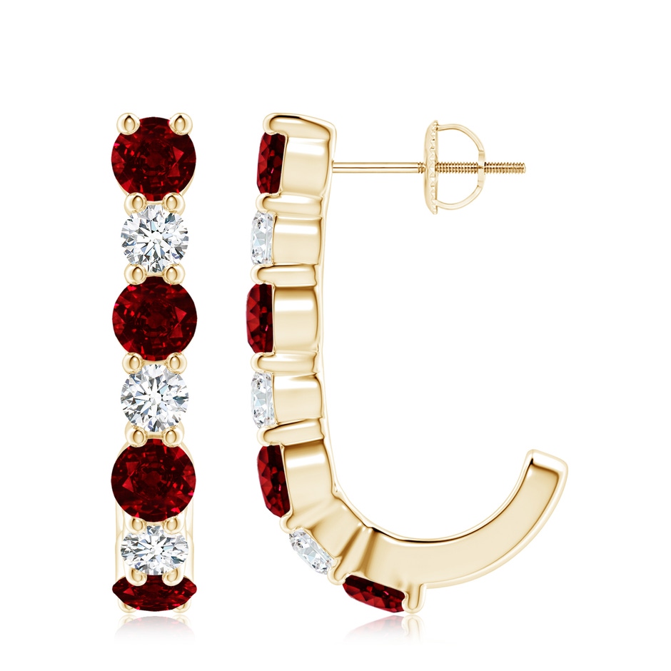 4mm AAAA Ruby and Diamond J-Hoop Earrings in Yellow Gold 