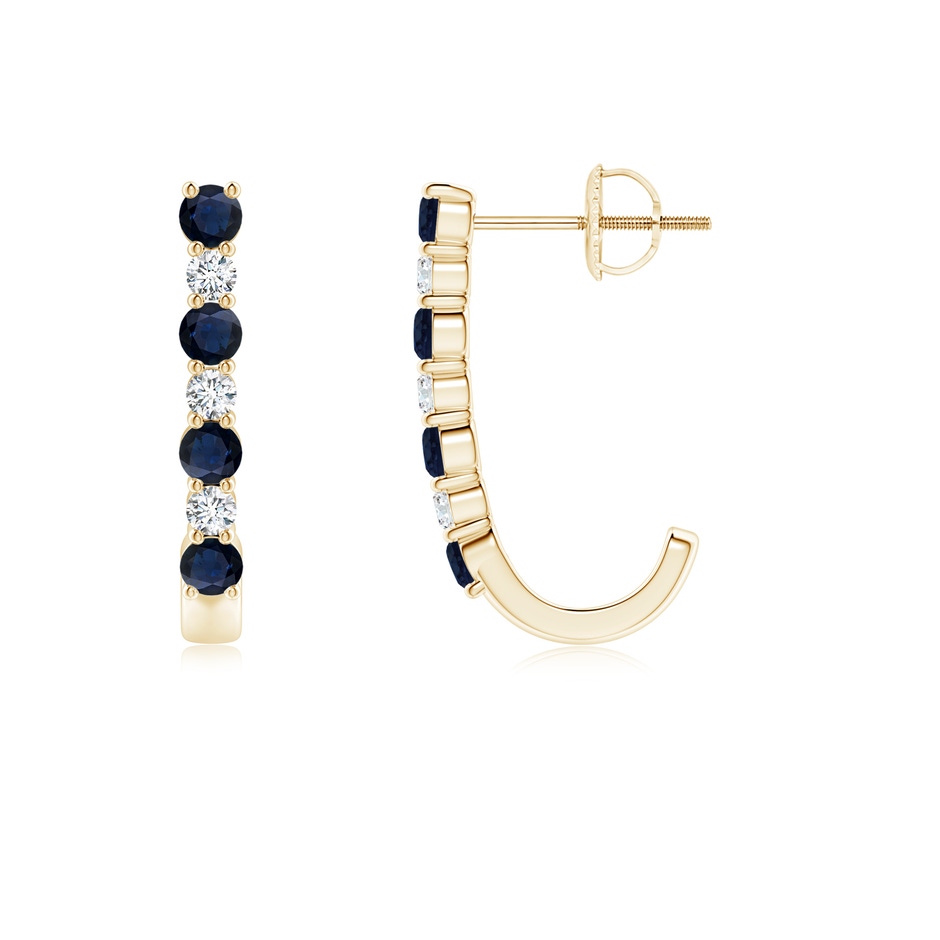 2.5mm A Blue Sapphire and Diamond J-Hoop Earrings in Yellow Gold 