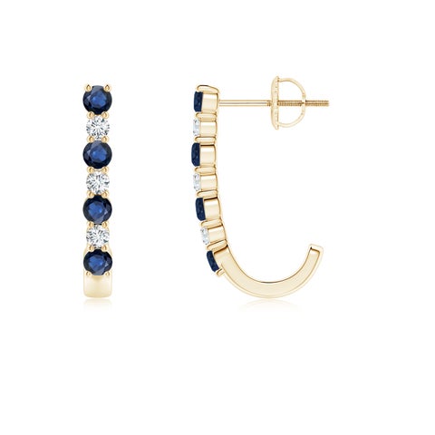 2.5mm AA Blue Sapphire and Diamond J-Hoop Earrings in Yellow Gold