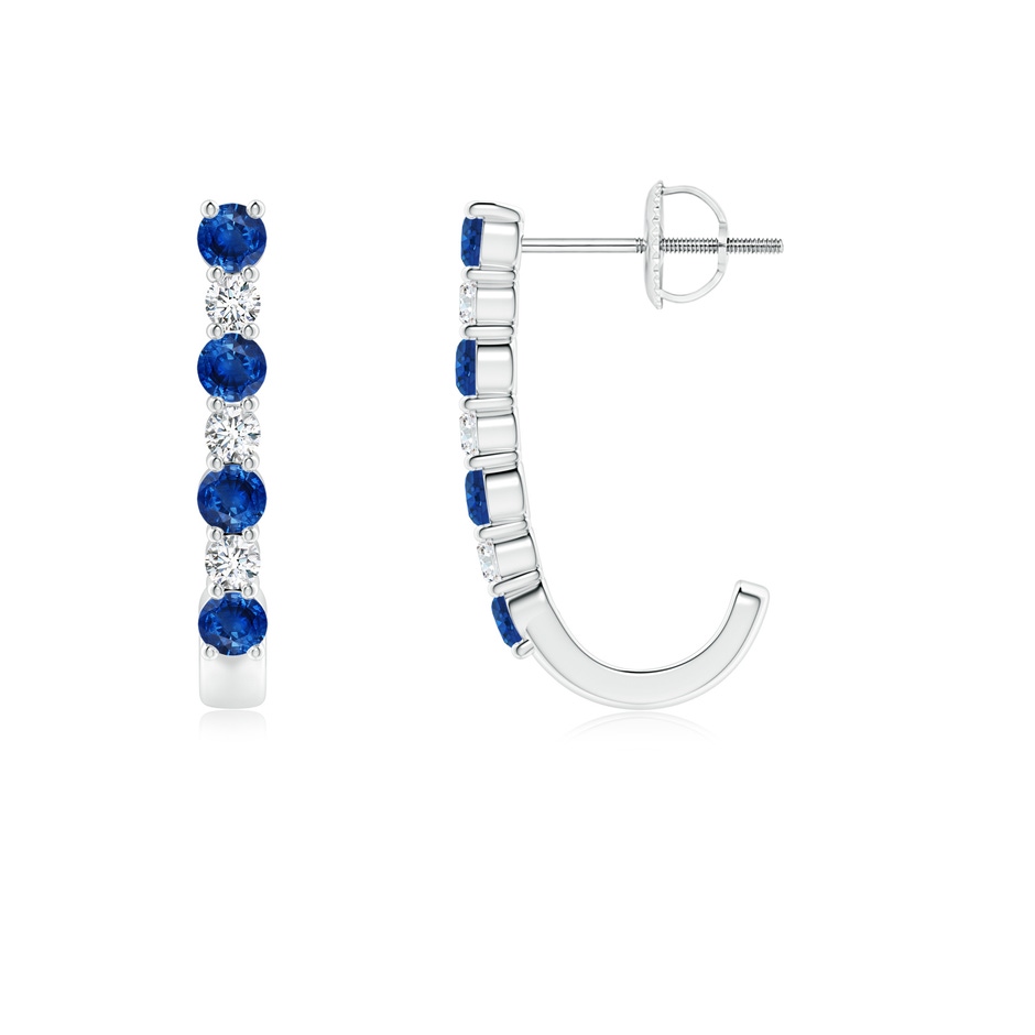 2.5mm AAA Blue Sapphire and Diamond J-Hoop Earrings in White Gold 