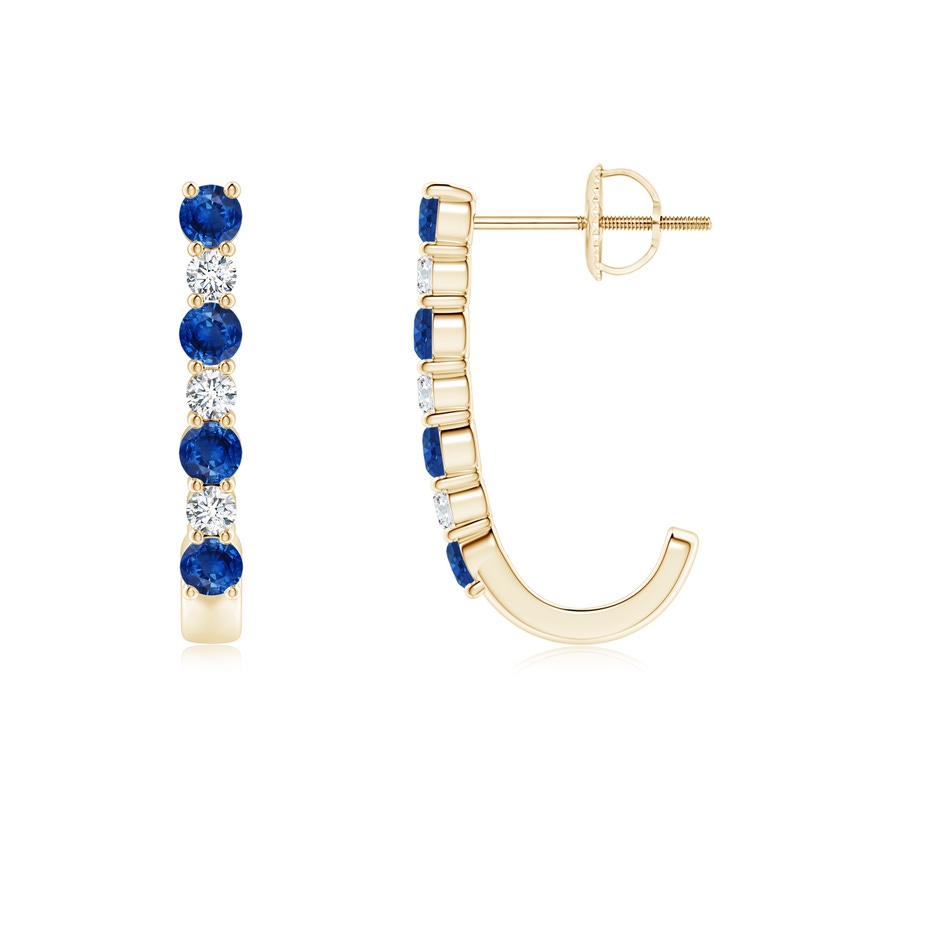 2.5mm AAA Blue Sapphire and Diamond J-Hoop Earrings in Yellow Gold 