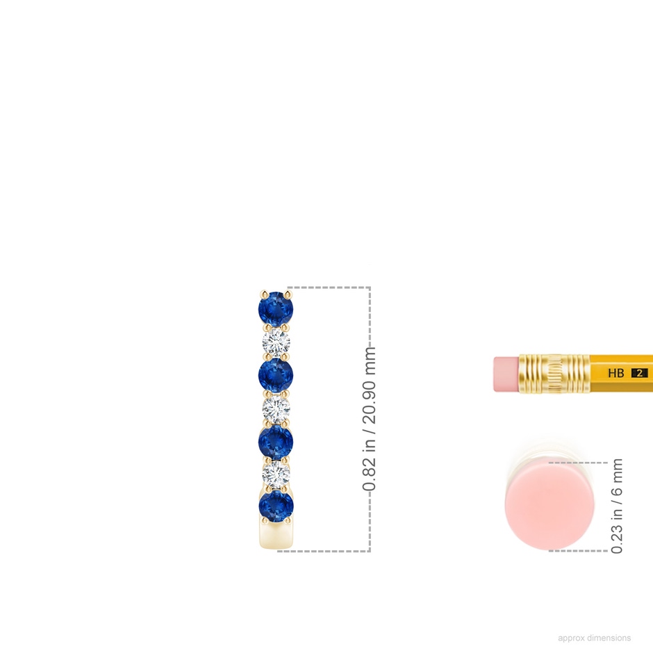 2.5mm AAA Blue Sapphire and Diamond J-Hoop Earrings in Yellow Gold ruler