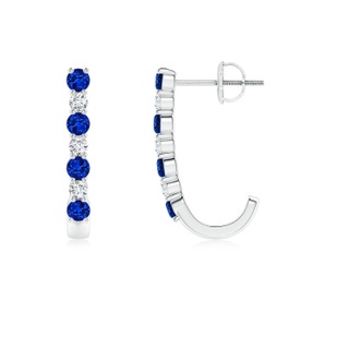 2.5mm AAAA Blue Sapphire and Diamond J-Hoop Earrings in White Gold