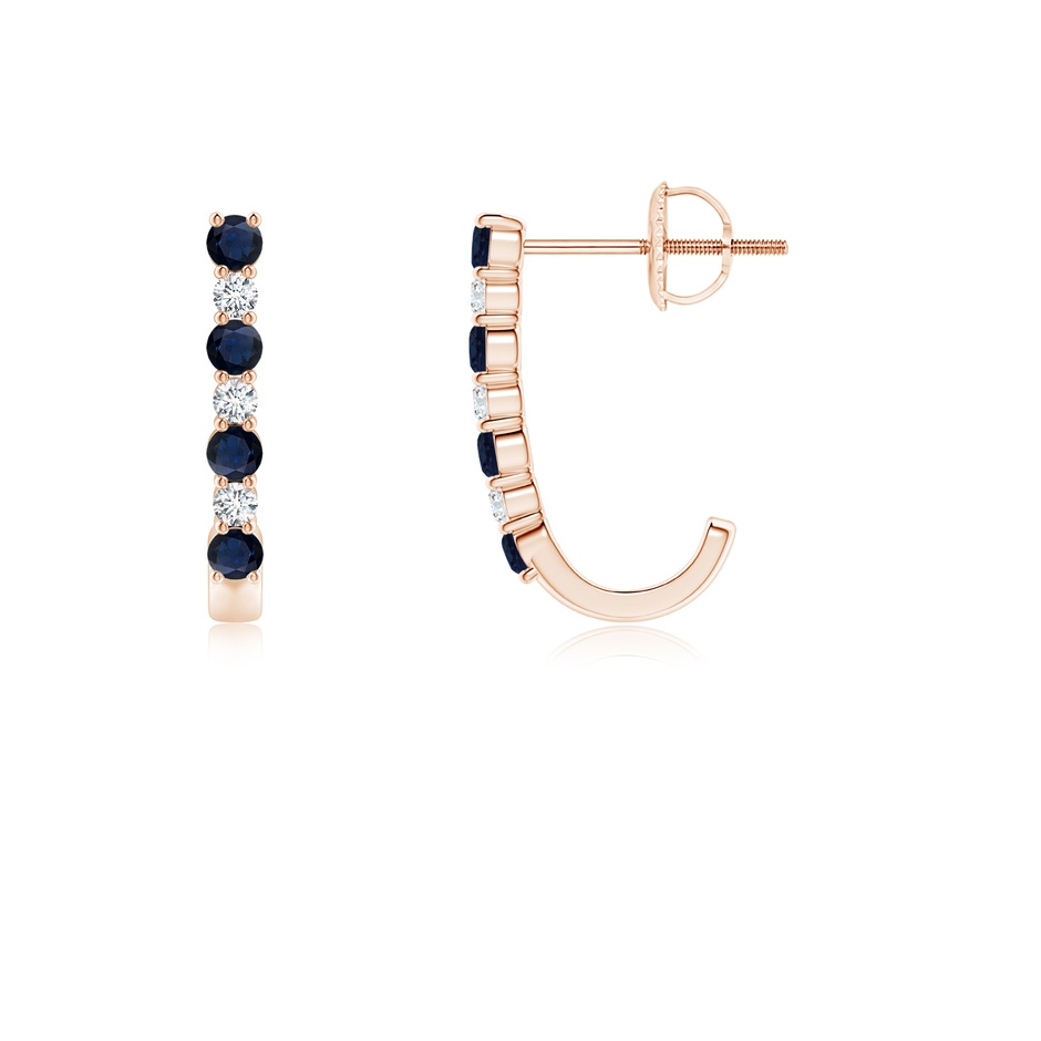 2mm A Blue Sapphire and Diamond J-Hoop Earrings in Rose Gold 
