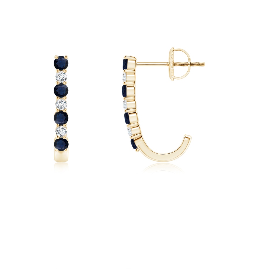 2mm A Blue Sapphire and Diamond J-Hoop Earrings in Yellow Gold 