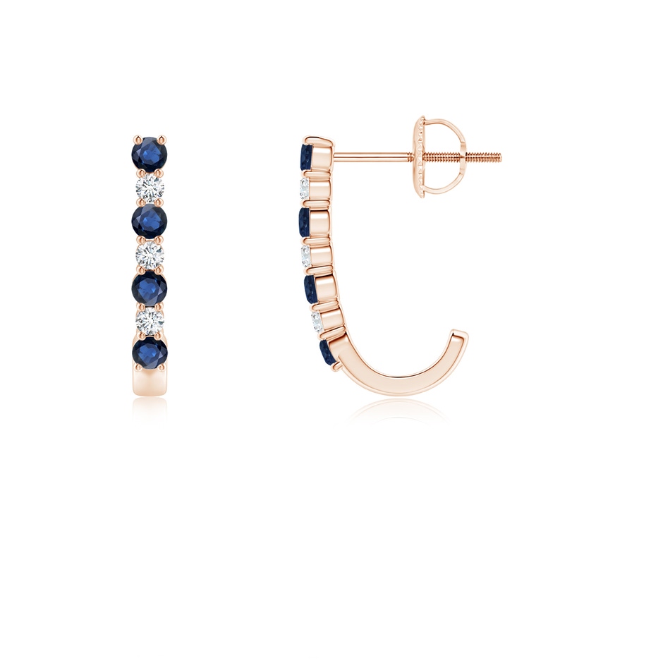 2mm AA Blue Sapphire and Diamond J-Hoop Earrings in Rose Gold 