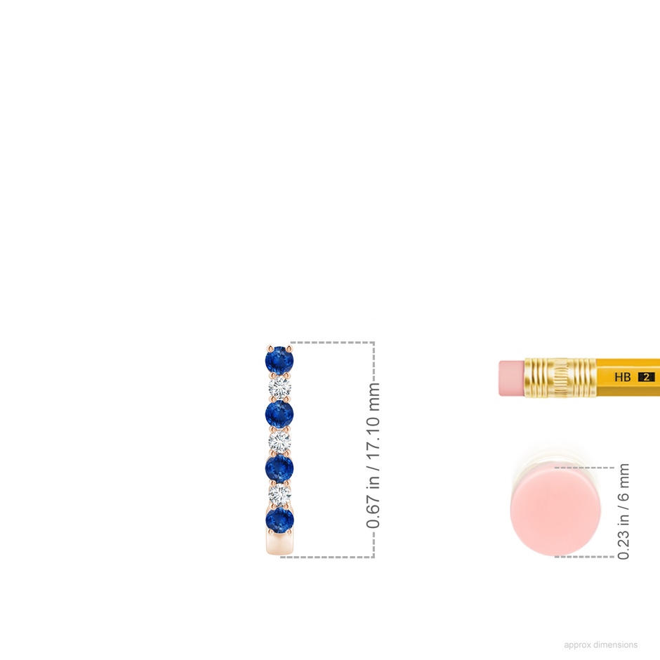 2mm AAA Blue Sapphire and Diamond J-Hoop Earrings in Rose Gold ruler