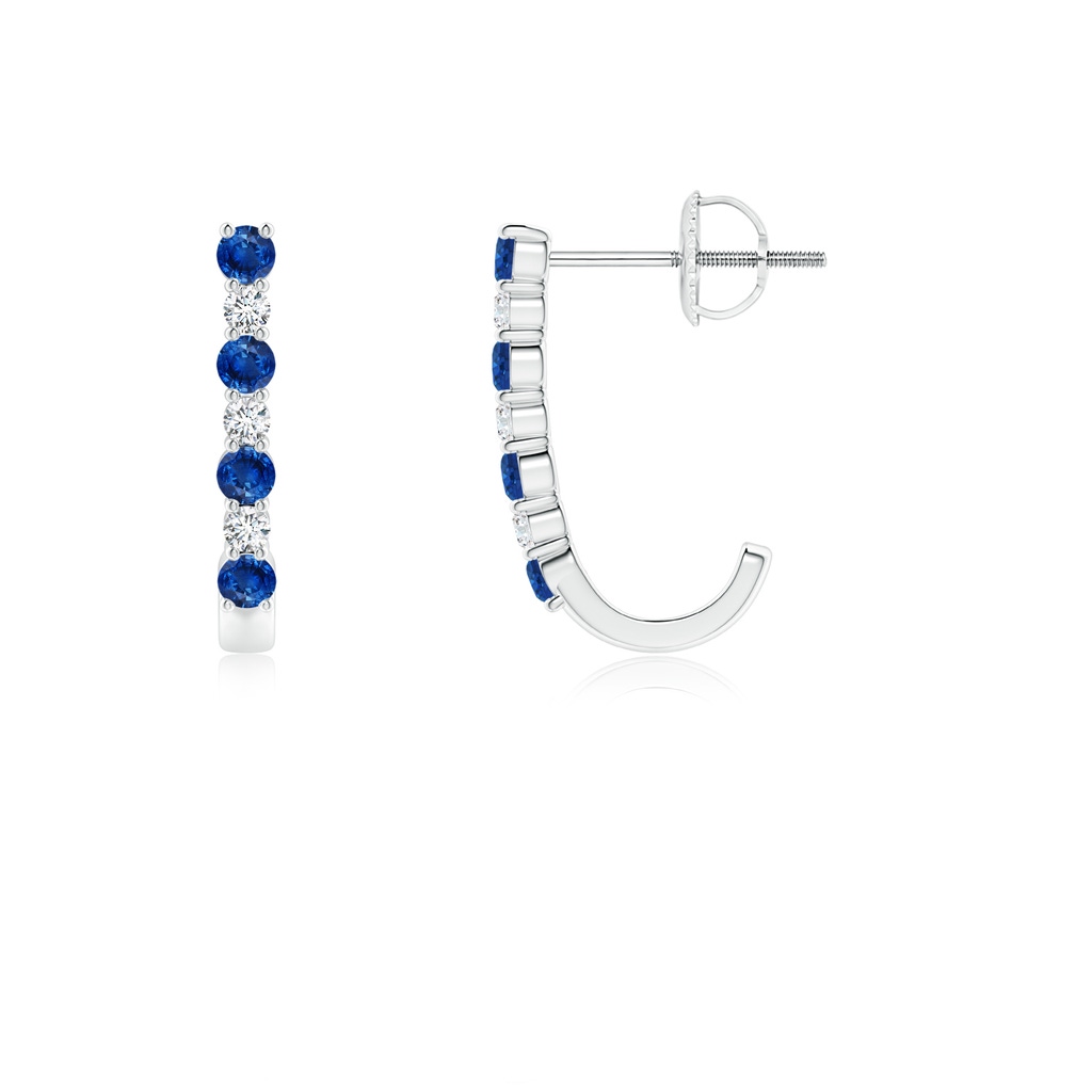 2mm AAA Blue Sapphire and Diamond J-Hoop Earrings in White Gold
