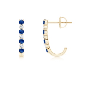 2mm AAA Blue Sapphire and Diamond J-Hoop Earrings in Yellow Gold